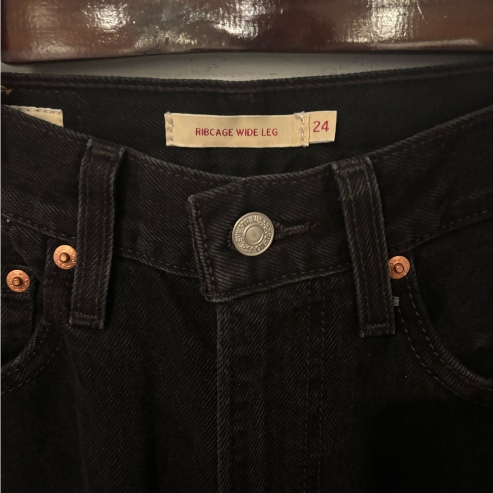 LEVI’S RIBCAGE WIDE LEG WOMEN'S JEANS BLACK 24W GREAT CONDITION - Picture 8 of 16